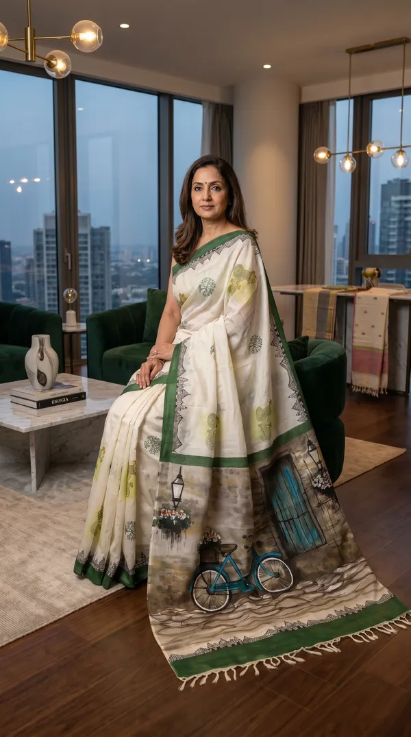 Adibani_Cycle_Lane_Story_Ivory_Green_Cotton_Hand-Painted_Saree_-_Pallu_Canvas_Collection
