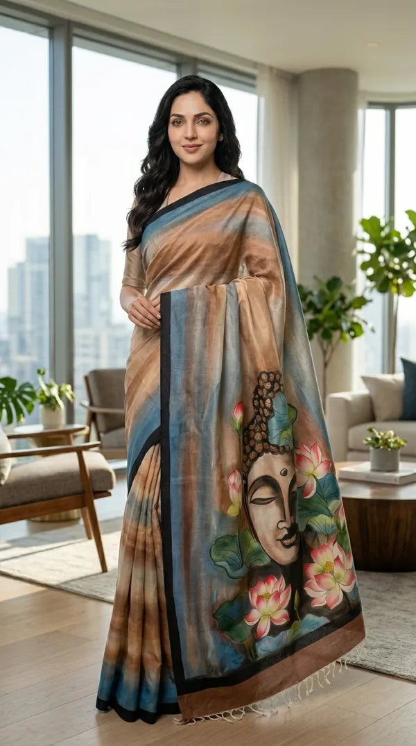 Adibani_Bodhi_Bloom_Brown_Blue_Cotton_Hand-Painted_Saree_-_Pallu_Canvas_Collection