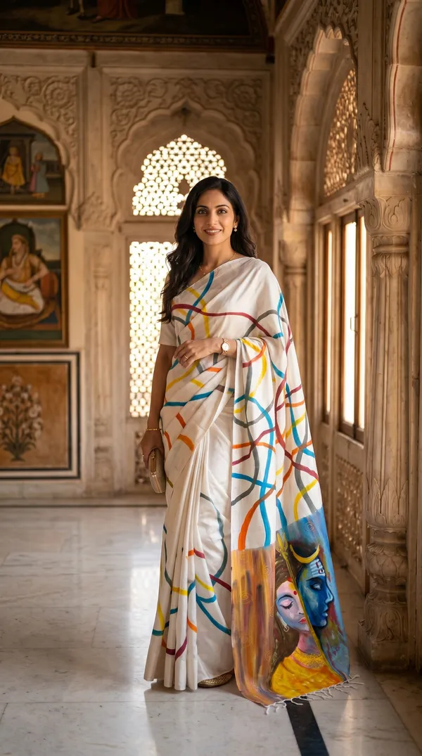 Adibani_Divine_Harmony_White_Multicolor_Cotton_Hand-Painted_Saree_-_Pallu_Canvas_Collection