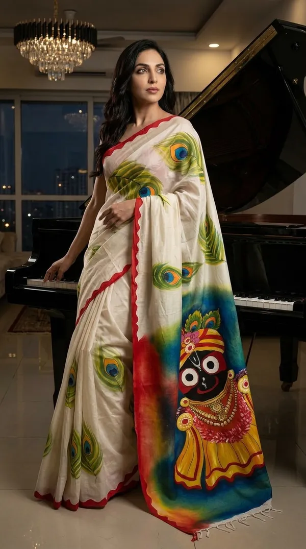 Adibani_Shree_Jagannath_White_Cotton_Hand-Painted_Saree_-_Pallu_Canvas_Collection