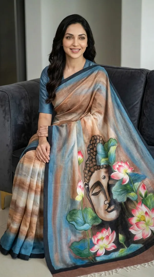 Adibani_Bodhi_Bloom_Brown_Blue_Cotton_Hand-Painted_Saree_-_Pallu_Canvas_Collection