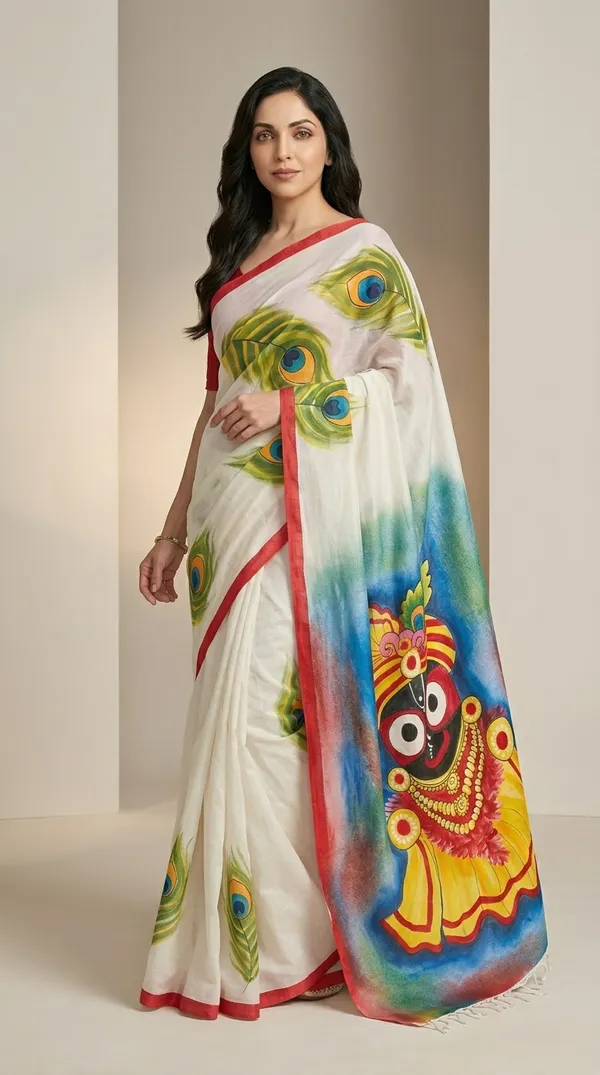 Adibani_Shree_Jagannath_White_Cotton_Hand-Painted_Saree_-_Pallu_Canvas_Collection