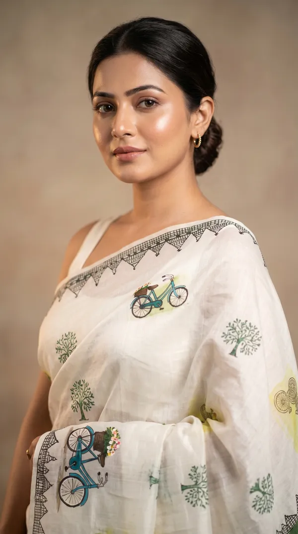 Adibani_Cycle_Lane_Story_Ivory_Green_Cotton_Hand-Painted_Saree_-_Pallu_Canvas_Collection