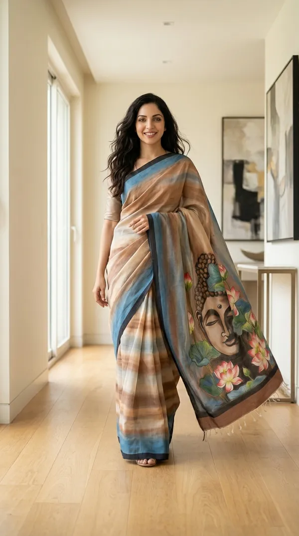 Adibani_Bodhi_Bloom_Brown_Blue_Cotton_Hand-Painted_Saree_-_Pallu_Canvas_Collection