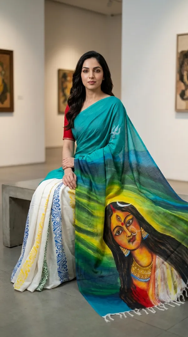 Adibani_Nayika_Glow_Teal_Cotton_Hand-Painted_Saree_-_Pallu_Canvas_Collection