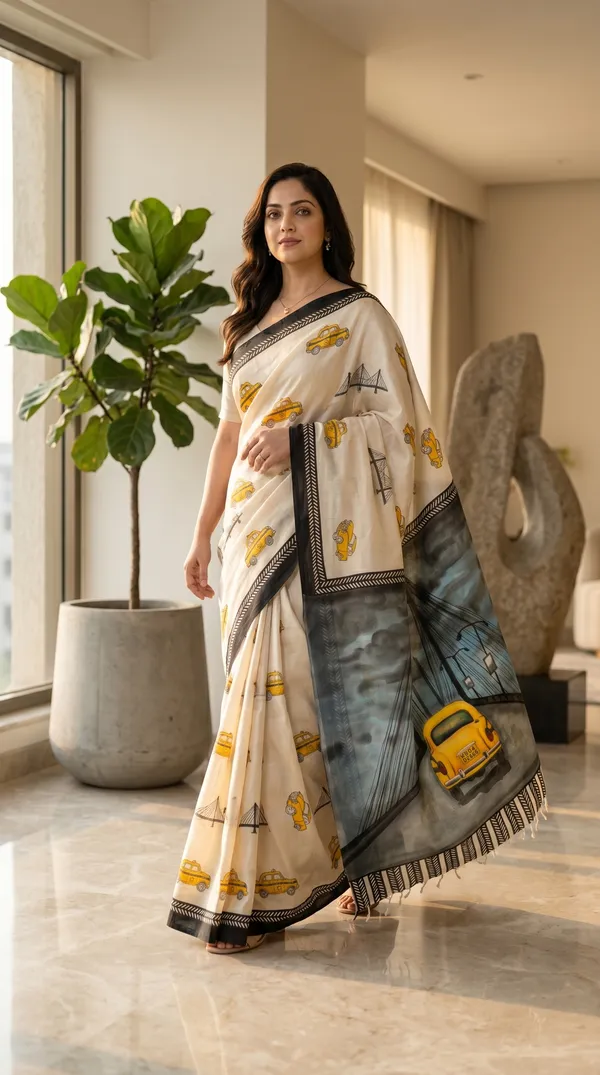 Adibani_Kolkata_Taxi_Tales_Ivory_Cotton_Hand-Painted_Saree_-_Pallu_Canvas_Collection