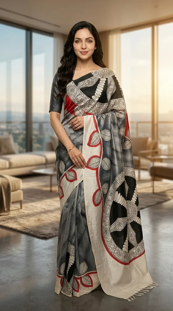Adibani_Chakra_Rekha_Grey_And_Black_Cotton_Hand-Painted_Saree_-_Pallu_Canvas_Collection