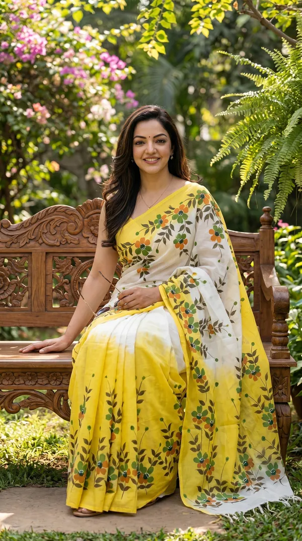 Yellow_Cotton_Floral_Saree_For_Women