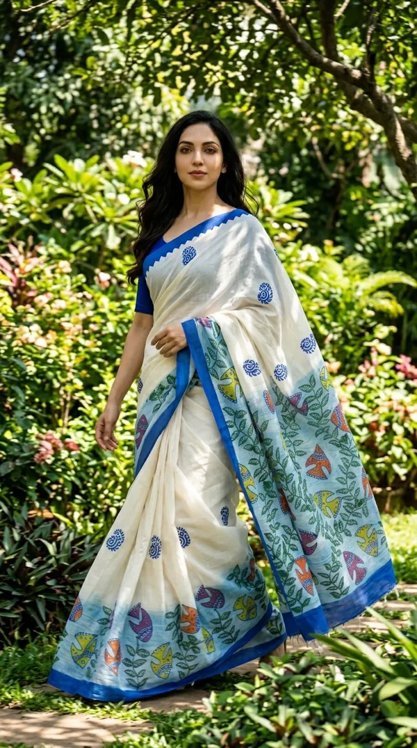 Cream_And_Blue_Matsya_Valli_From_Rangavali_Collection_-_Block_Printed_Sarees_By_Adibani