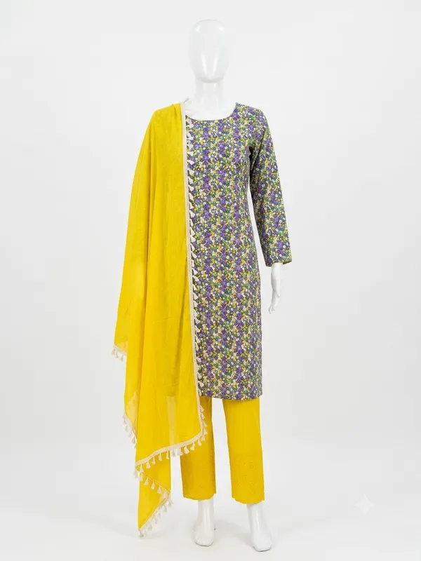 Yellow_Cotton_Straight_Floral_Print_Unstitched_Suit_Set_For_Women