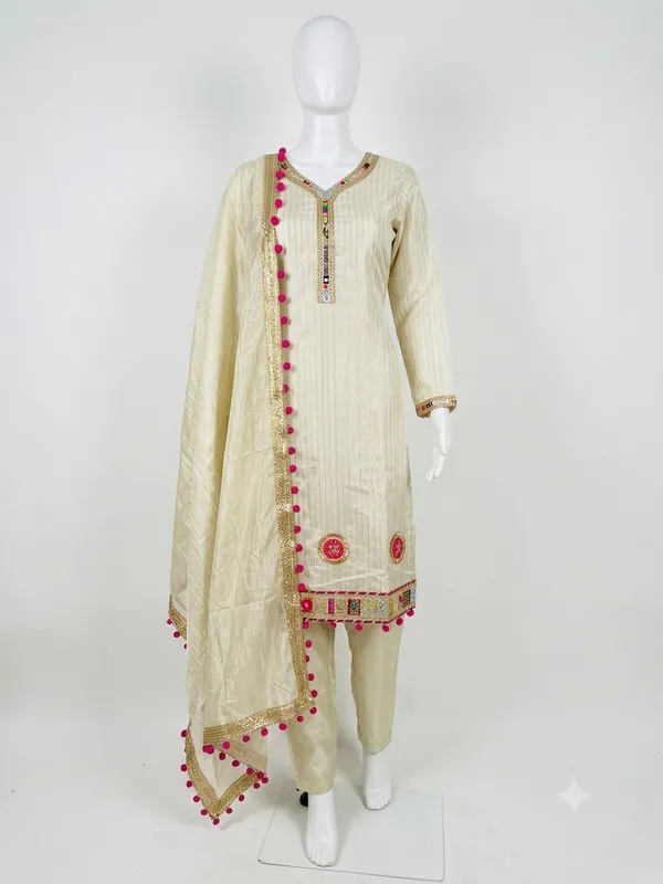 Cream_Silk_Straight_Embellished_Unstitched_Suit_Set_For_Women