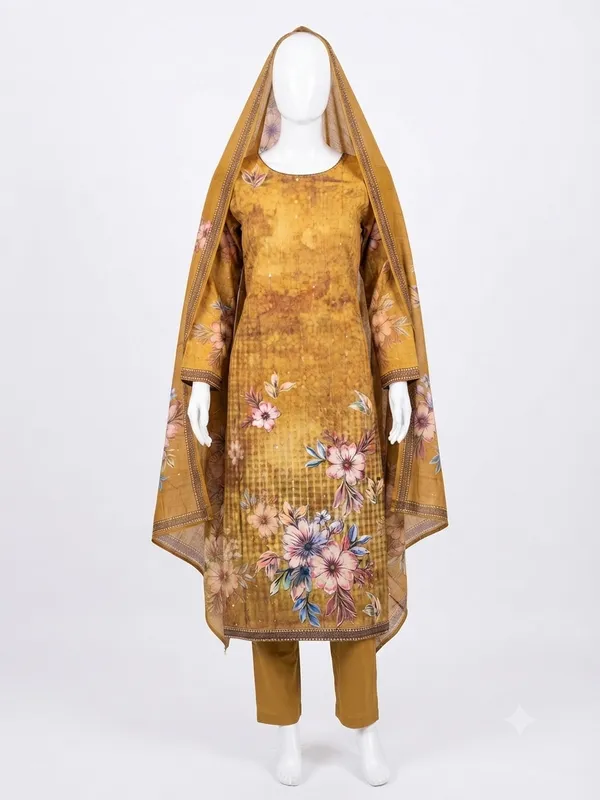 Mustard_Georgette_Straight_Floral_Print_Unstitched_Suit_Set_For_Women