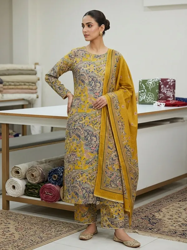 Yellow_Georgette_Paisley_Print_Saree_For_Women
