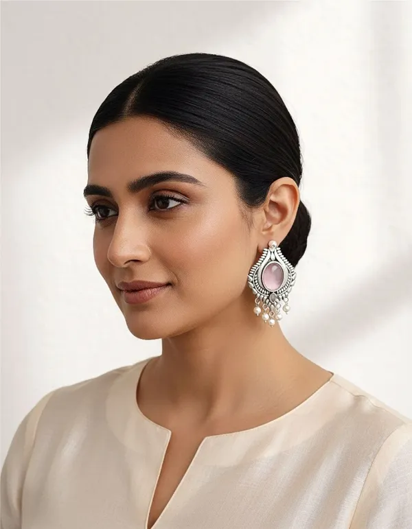 Silver_Tone_Brass_Pink_Stone_Teardrop_Earrings_For_Women