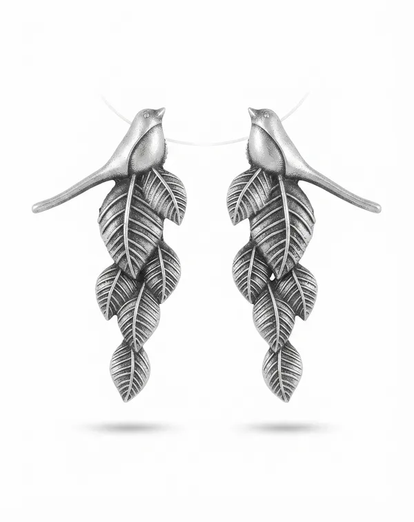 Antique_silver_bird_and_leaf_Drop_earrings