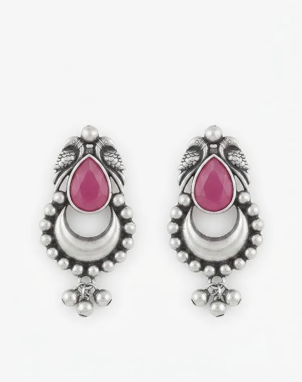 Silver_Tone_Brass_Black_Oval_Centre_Dangle_Earrings_For_Women
