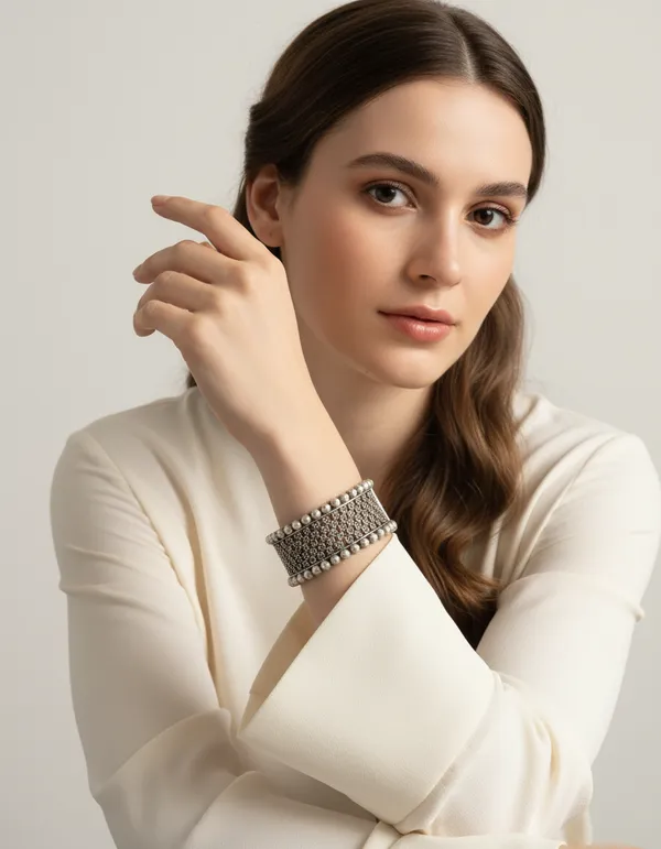 Silver_Gold_Tone_Brass_Beaded_Cuff_Bangle_For_Women