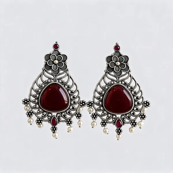 Maroon_Oxidized_Silver_Brass_Floral_Drop_Earrings_For_Women