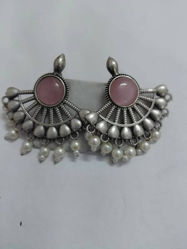 Silver_Oxidised_Brass_Pink_Stone_Fan_Drop_Earrings_For_Women