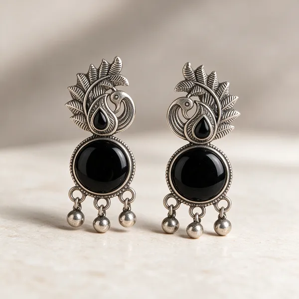 Silver_Tone_Brass_Black_Oval_Stone_Drop_Earrings_For_Women