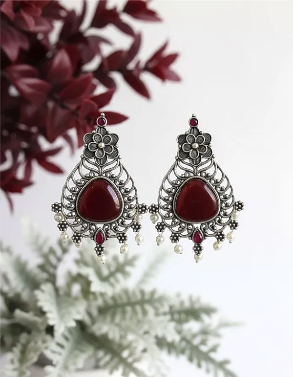 Maroon_Oxidized_Silver_Brass_Floral_Drop_Earrings_For_Women