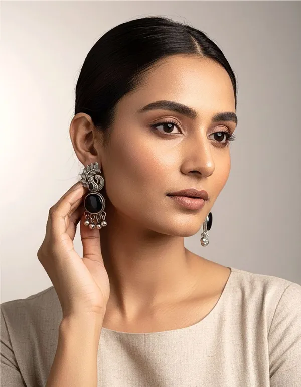 Silver_Tone_Brass_Black_Oval_Stone_Drop_Earrings_For_Women