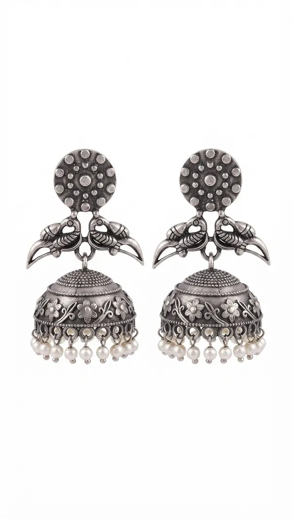 Silver-Tone_Oxidised_Brass__Parrot__hangings_jumka_Earrings_For_Women