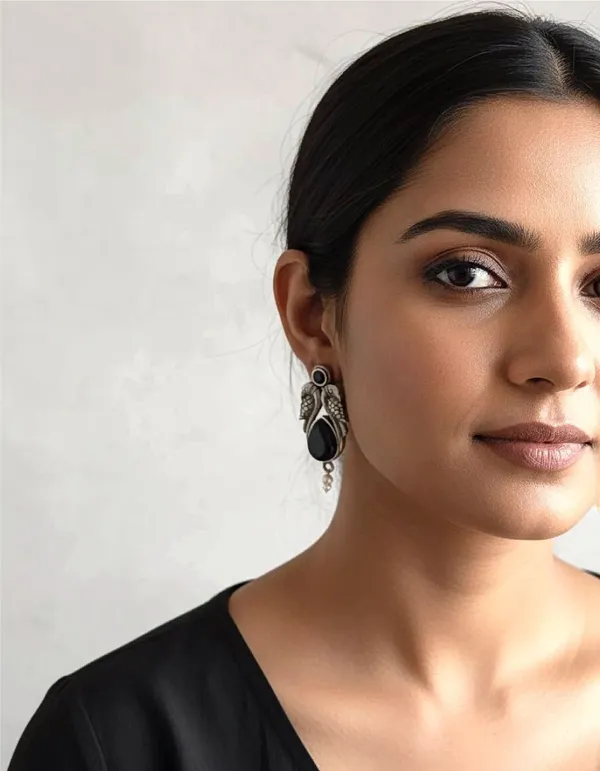 Silver_Tone_Brass_Black_Oval_Centre_Dangle_Earrings_For_Women