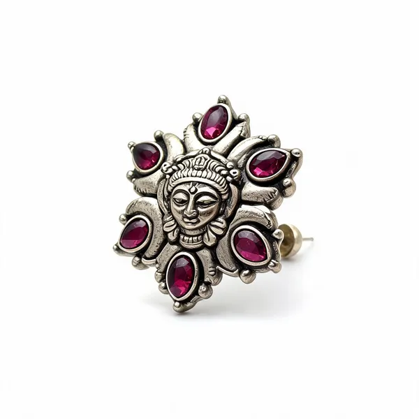 Silver_Tone_Brass_Floral_Magenta_Accent_Statement_Earrings_For_Women