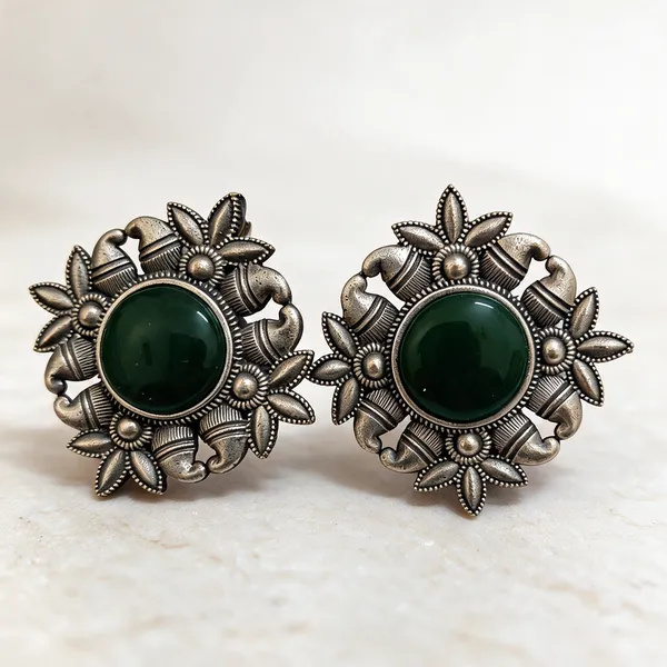 Silver_Tone_Brass_Green_Stone_Floral_Earrings_For_Women