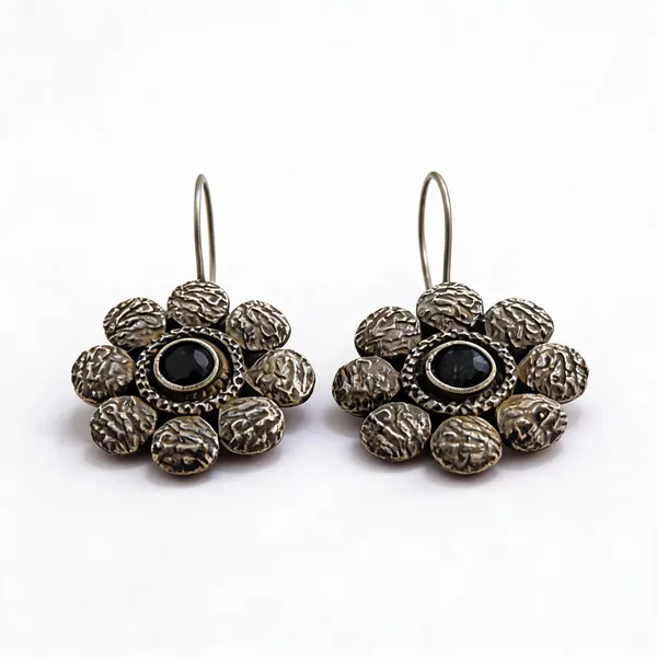 Silver_Tone_Brass_Black_Centre_Floral_Drop_Earrings_For_Women