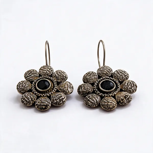 Silver_Tone_Brass_Black_Centre_Floral_Drop_Earrings_For_Women