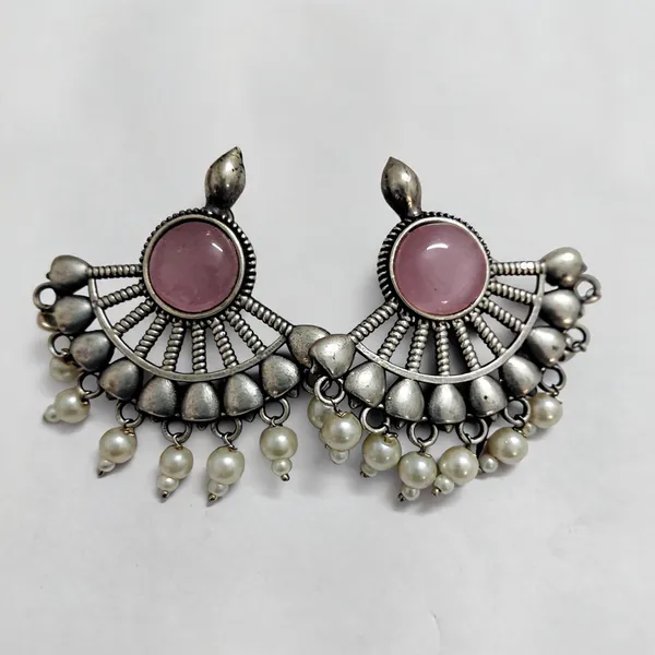 Silver_Oxidised_Brass_Pink_Stone_Fan_Drop_Earrings_For_Women