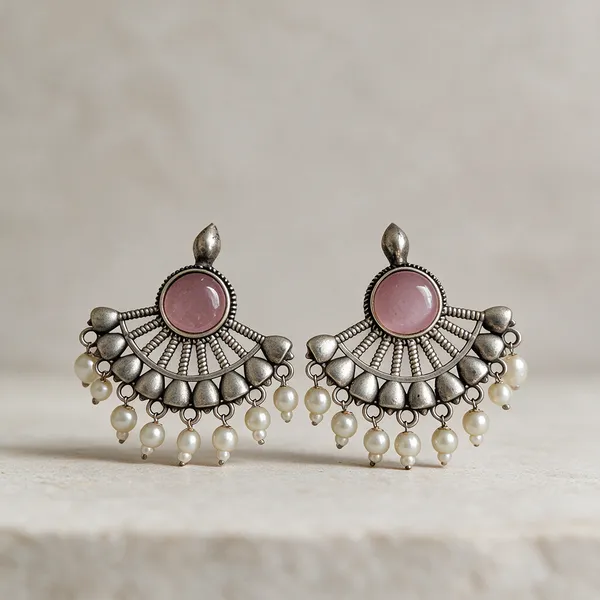 Silver_Oxidised_Brass_Pink_Stone_Fan_Drop_Earrings_For_Women