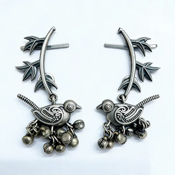 Oxidized_Silver-Tone_Brass_Bird_Motif_Hoop_Dangle_Earrings_For_Women