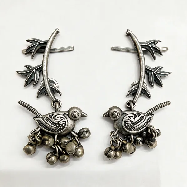 Oxidized_Silver-Tone_Brass_Bird_Motif_Hoop_Dangle_Earrings_For_Women