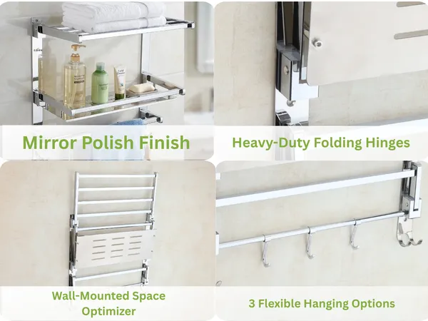 UDAN_SS_202_Stainless_Steel_Folding_Bathroom_Shelf_&_Rack_|_Multi-Tier_Wall_Mounted_Towel_Rack_with_Shelf,_Bar_&_Hooks_|_Space-Saving_Foldable_Design_|_Mirror_Polish_Finish