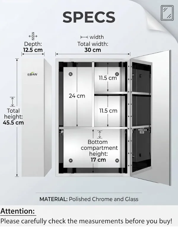 UDAN_Premium_Stainless_Steel_Bathroom_Mirror_Cabinet_|_Wall_Mounted_Mirror_Storage_Cabinet_with_Shelves_|_Rust-Proof_&_Water_Resistant_|_30_x_45.5_x_12.5_cm