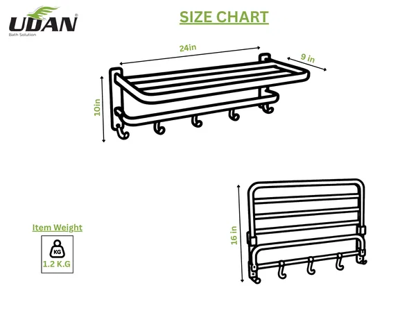 UDAN_Premium_Chrome_Stainless_Steel_Towel_Rack_with_Shelf_&_5_Hooks_|_Wall_Mounted_Bathroom_Towel_Shelf_|_Double_Bar_Towel_Rail_with_Hanging_Hooks