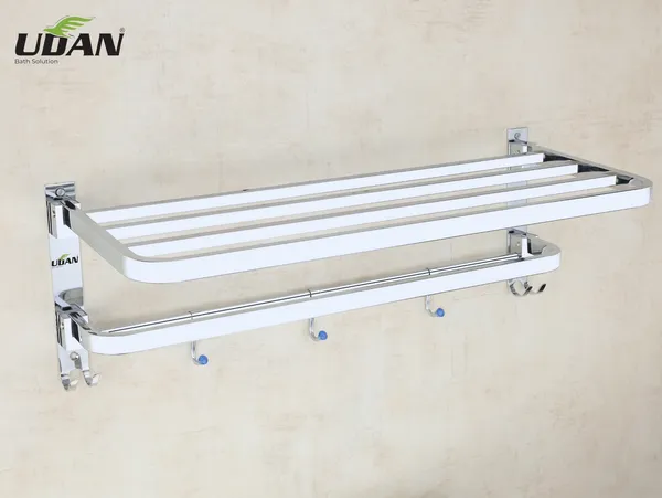 UDAN_Premium_Chrome_Stainless_Steel_Towel_Rack_with_Shelf_&_5_Hooks_|_Wall_Mounted_Bathroom_Towel_Shelf_|_Double_Bar_Towel_Rail_with_Hanging_Hooks
