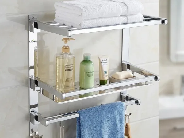 UDAN_SS_202_Stainless_Steel_Folding_Bathroom_Shelf_&_Rack_|_Multi-Tier_Wall_Mounted_Towel_Rack_with_Shelf,_Bar_&_Hooks_|_Space-Saving_Foldable_Design_|_Mirror_Polish_Finish