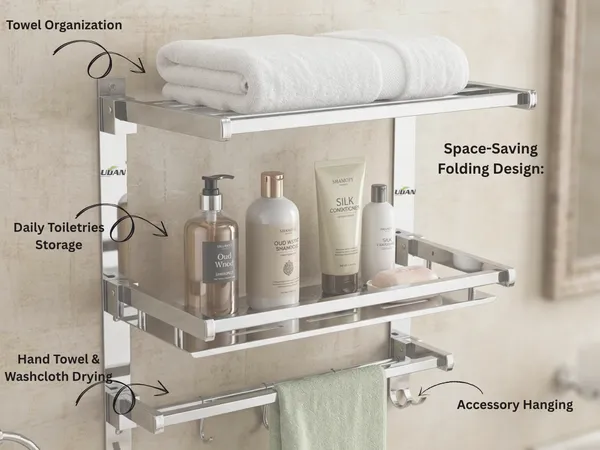 UDAN_SS_202_Stainless_Steel_Folding_Bathroom_Shelf_&_Rack_|_Multi-Tier_Wall_Mounted_Towel_Rack_with_Shelf,_Bar_&_Hooks_|_Space-Saving_Foldable_Design_|_Mirror_Polish_Finish