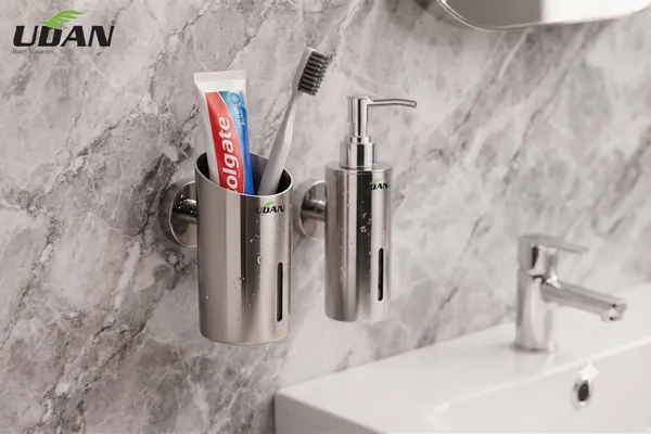 UDAN_Tumbler_Holder_&_Liquid_Dispenser_Combo_SS_202_|_Wall_Mounted_Chrome_Finish_Bathroom_Set