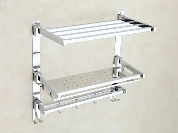 UDAN_SS_202_Stainless_Steel_Folding_Bathroom_Shelf_&_Rack_|_Multi-Tier_Wall_Mounted_Towel_Rack_with_Shelf,_Bar_&_Hooks_|_Space-Saving_Foldable_Design_|_Mirror_Polish_Finish
