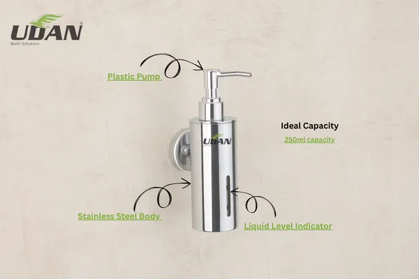 UDAN_SS_202_Stainless_Steel_Wall_Mounted_Liquid_Soap_Dispenser_|_Single_Pump_Bottle_for_Shampoo,_Conditioner_&_Body_Wash_|_Rust-Proof_Chrome_Finish_Bathroom_Dispenser