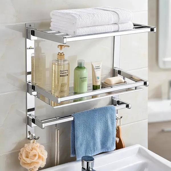 UDAN_SS_202_Stainless_Steel_Folding_Bathroom_Shelf_&_Rack_|_Multi-Tier_Wall_Mounted_Towel_Rack_with_Shelf,_Bar_&_Hooks_|_Space-Saving_Foldable_Design_|_Mirror_Polish_Finish