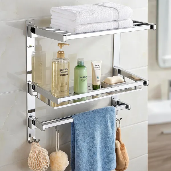 UDAN_SS_202_Stainless_Steel_Folding_Bathroom_Shelf_&_Rack_|_Multi-Tier_Wall_Mounted_Towel_Rack_with_Shelf,_Bar_&_Hooks_|_Space-Saving_Foldable_Design_|_Mirror_Polish_Finish