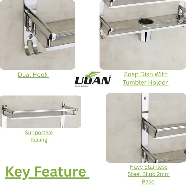 UDAN_6-in-1_Premium_Stainless_Steel_3-Tier_Bathroom_Shelf_|_Wall_Mounted_Shelf_with_Soap_Dish,_Tumbler_Holder_&_Dual_Hooks_|_Heavy_Duty_0.8mm_SS_Chrome_Finish