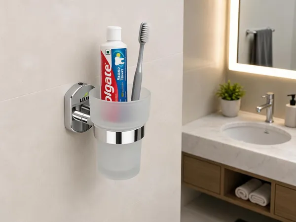 UDAN_SS_202_Stainless_Steel_Glass_Tumbler_Holder_|_Wall_Mounted_Toothbrush_&_Toothpaste_Holder_|_Frosted_Tempered_Glass_Tumbler_|_Rust-Proof_Chrome_Finish