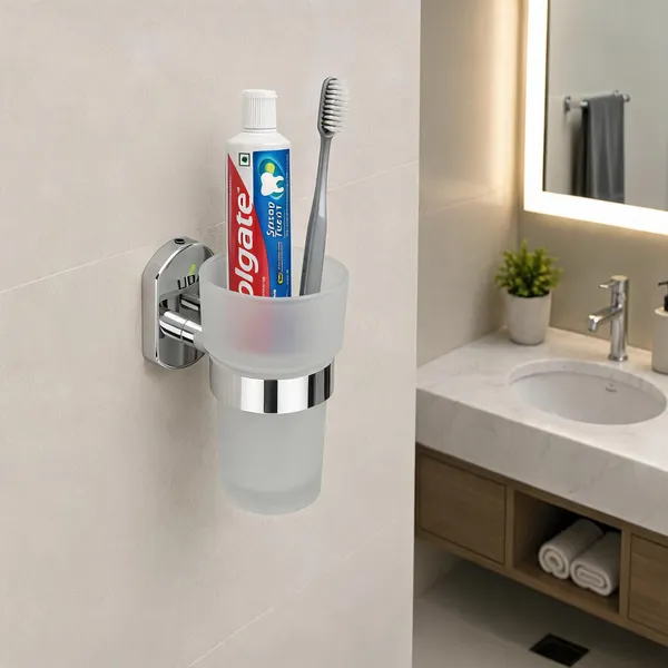 UDAN_SS_202_Stainless_Steel_Glass_Tumbler_Holder_|_Wall_Mounted_Toothbrush_&_Toothpaste_Holder_|_Frosted_Tempered_Glass_Tumbler_|_Rust-Proof_Chrome_Finish